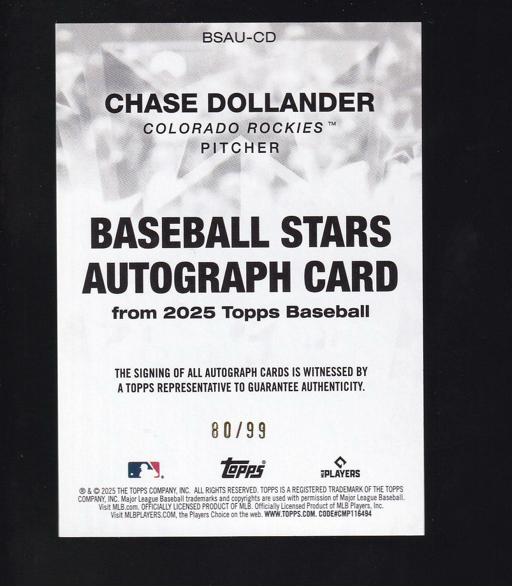 2025 Topps Update #BSAU-CD Chase Dollander Baseball Stars Autographs Green #/99