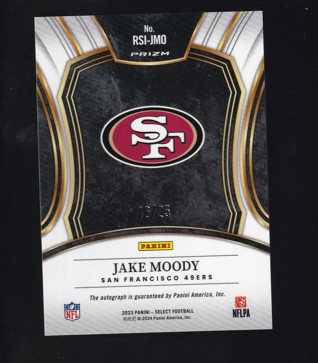 2023 Panini Select #RSI-JMO Jake Moody Rookie Signatures Tie-Dye Prizm #/25