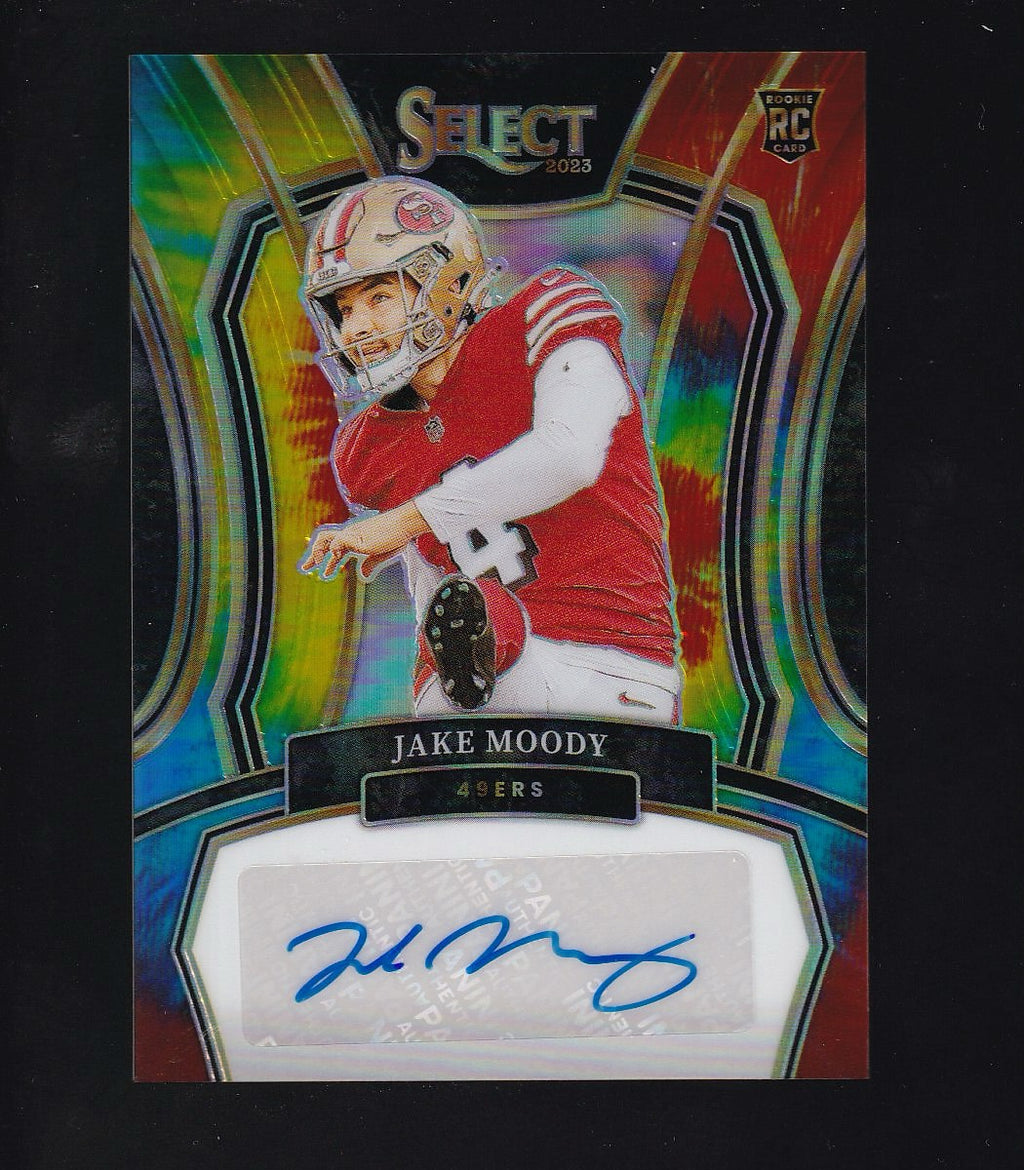 2023 Panini Select #RSI-JMO Jake Moody Rookie Signatures Tie-Dye Prizm #/25