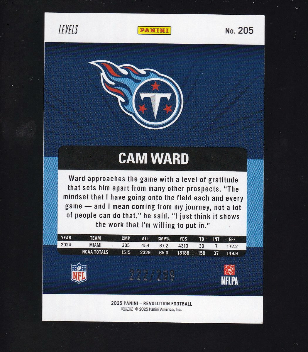 2025 Panini Revolution #205 Cam Ward Orange Levels #/299
