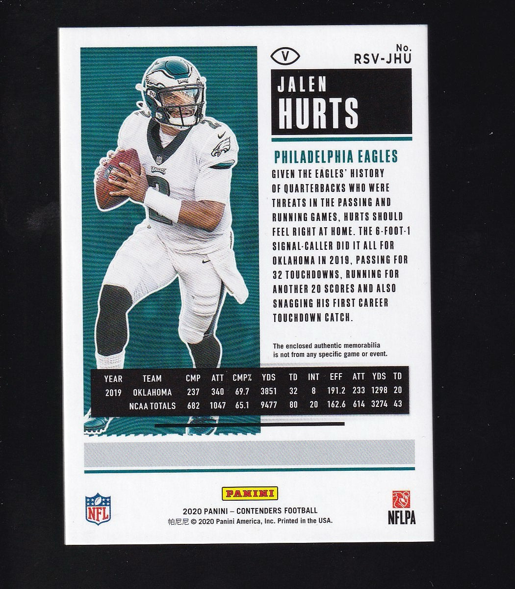 2020 Panini Contenders #RTS-JHU Jalen Hurts Rookie Ticket Swatches