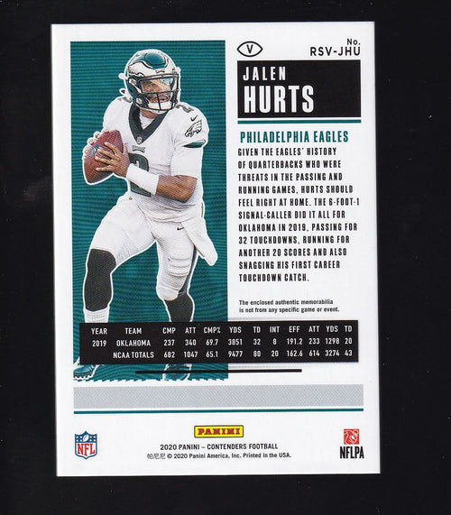 2020 Panini Contenders #RTS-JHU Jalen Hurts Rookie Ticket Swatches