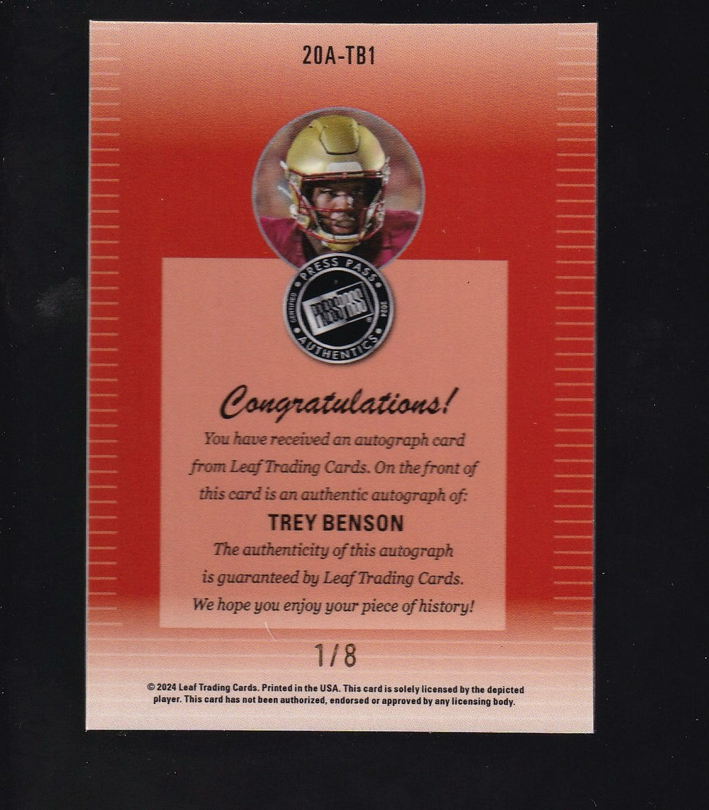 2024 Leaf #20A-TB1 Trey Benson 2000 Press Pass Auto Shimmer Purple #/8