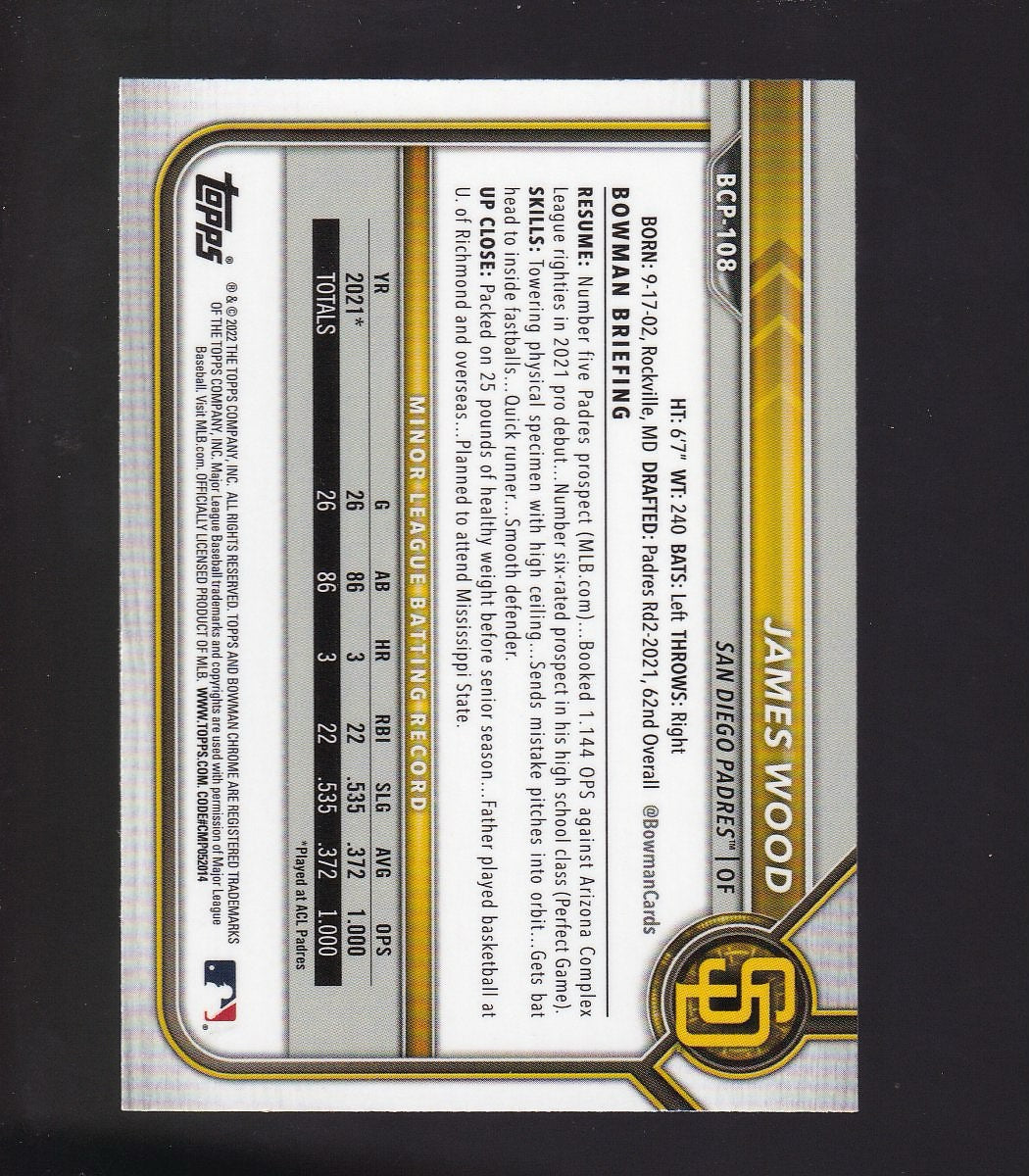 2022 Bowman #BCP-108 James Wood Chrome Prospects Mojo Refractors