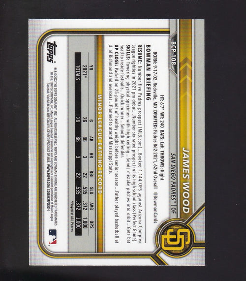 2022 Bowman #BCP-108 James Wood Chrome Prospects Mojo Refractors