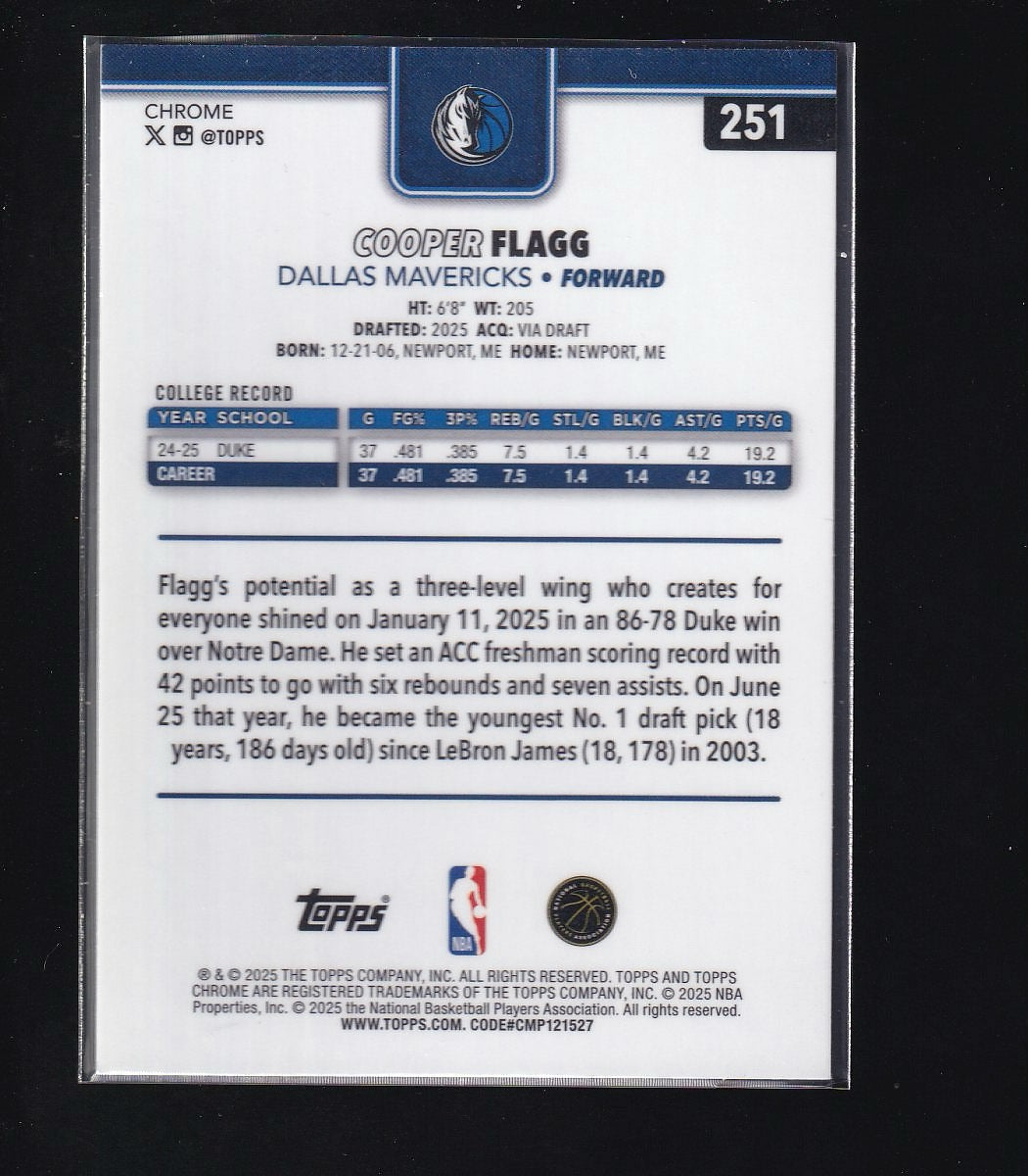 2025-26 Topps Chrome #251 Cooper Flagg