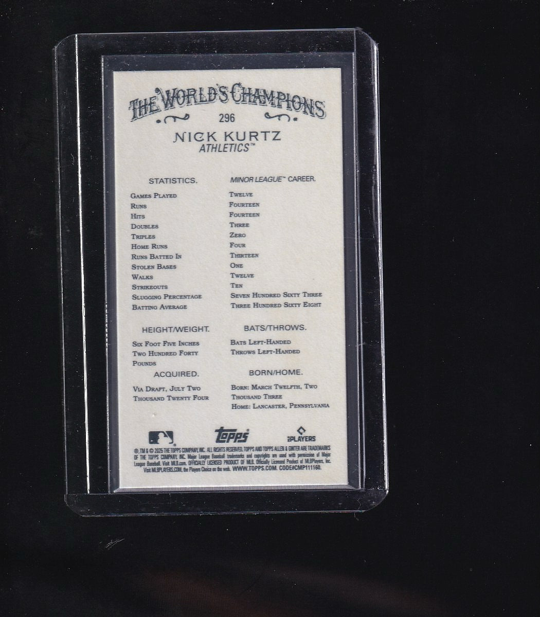 2025 Topps Allen & Ginter #296 Nick Kurtz Mini