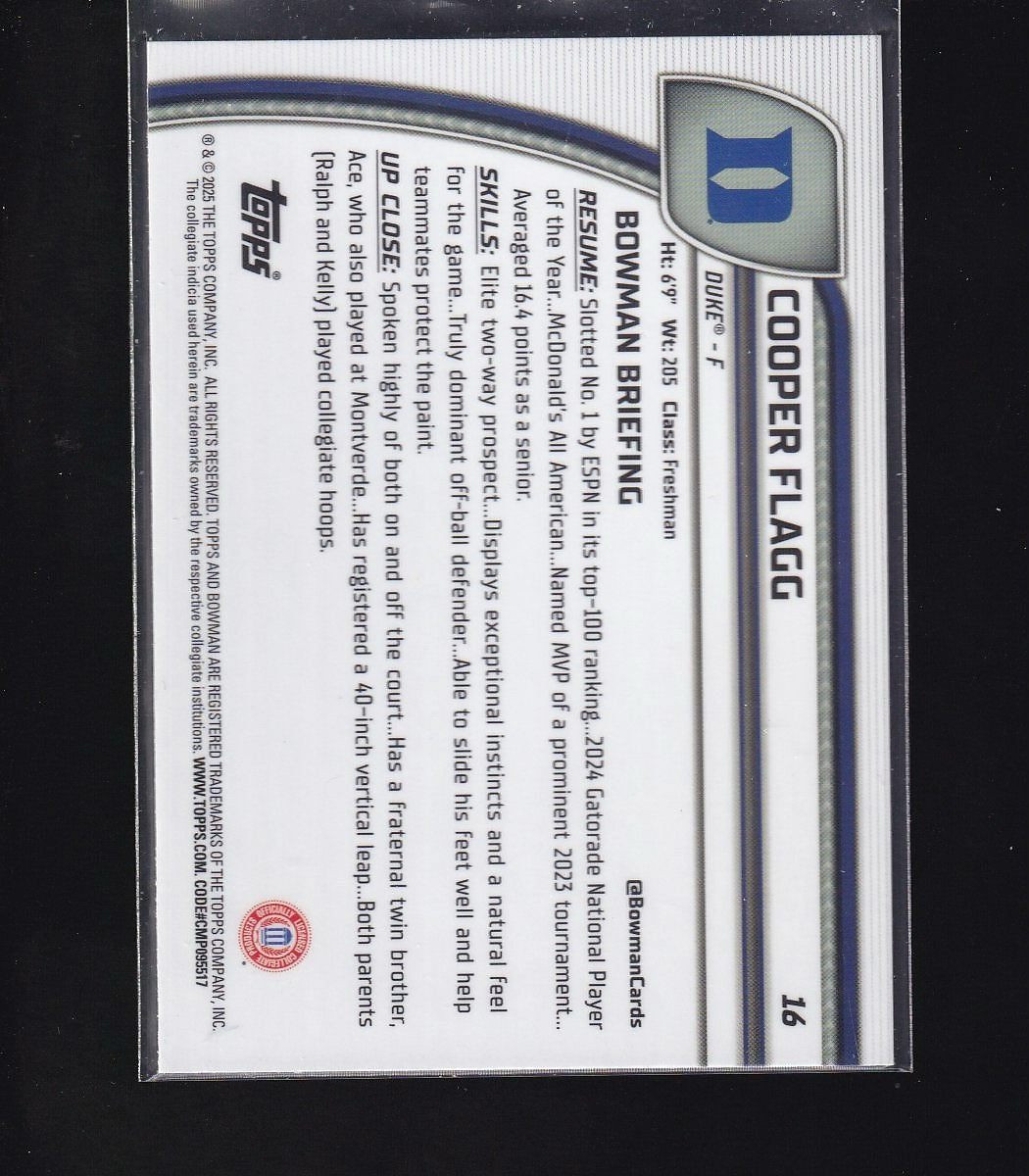 2024-25 Bowman University Chrome #16 Cooper Flagg