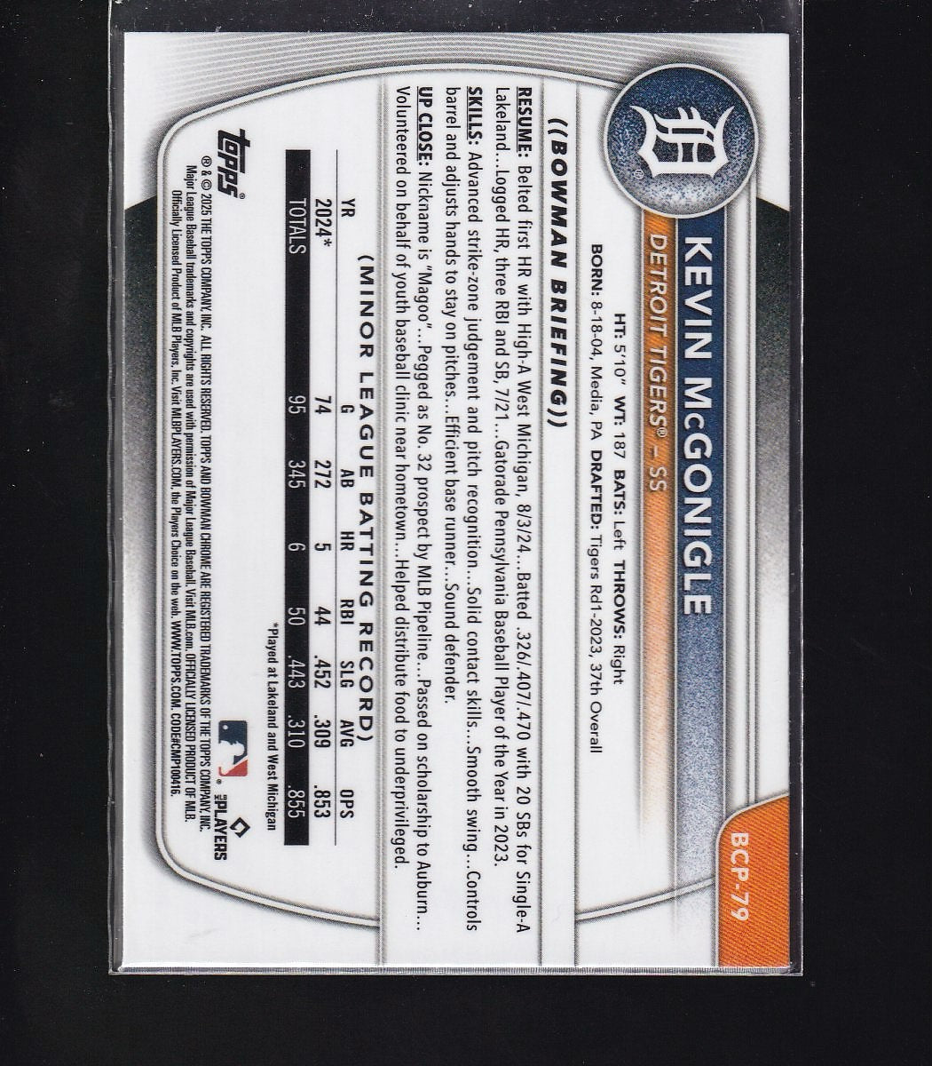 2025 Bowman #BCP-79 Kevin McGonigle Chrome Prospects