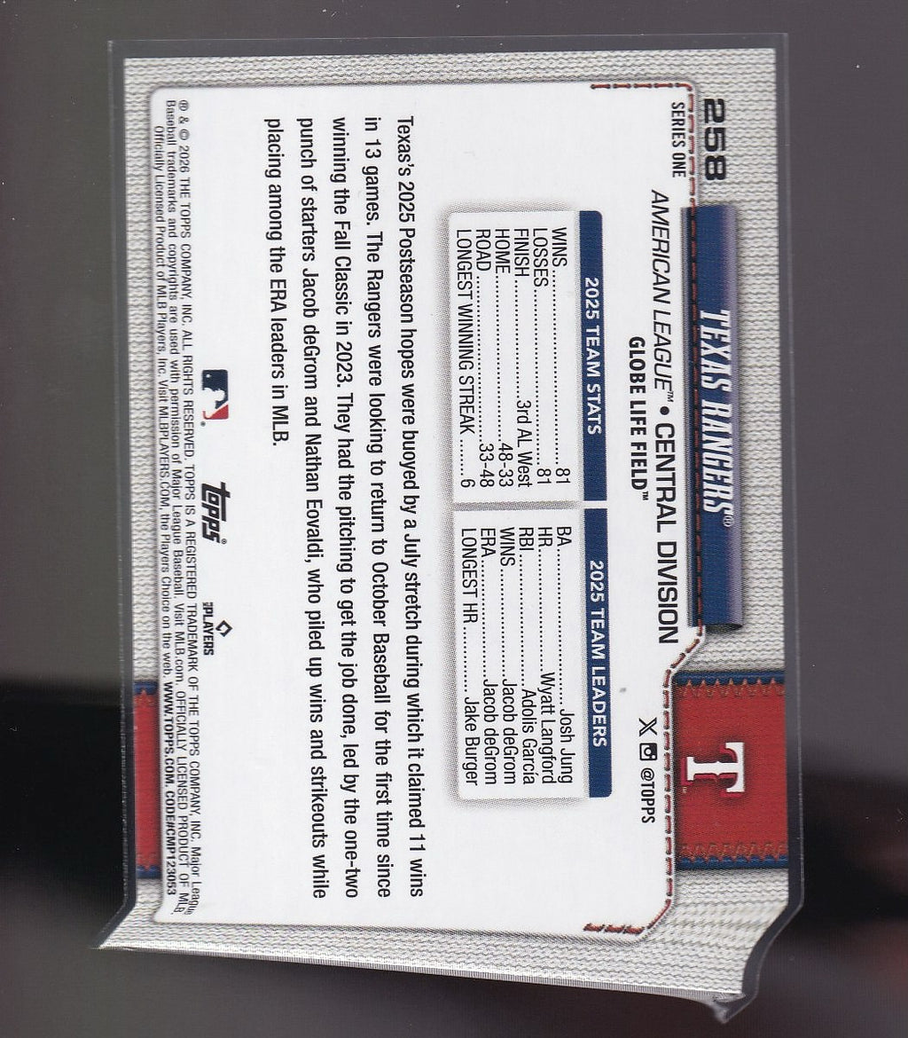2026 Topps #258 Texas Rangers Aqua Rainbow Foil