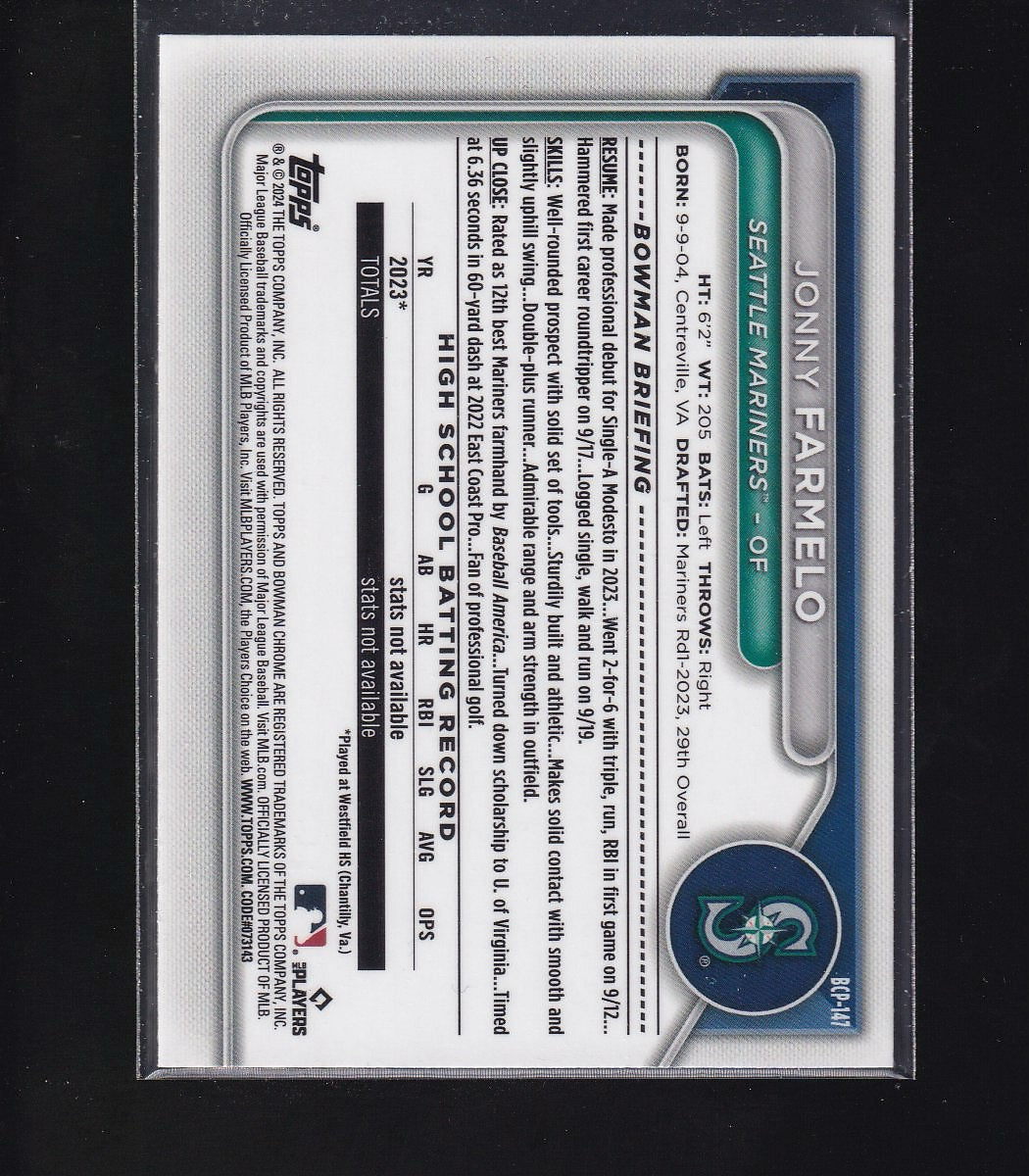 2024 Bowman #BCP-147 Jonny Farmelo Chrome Prospects Fuchsia Refractors #/199