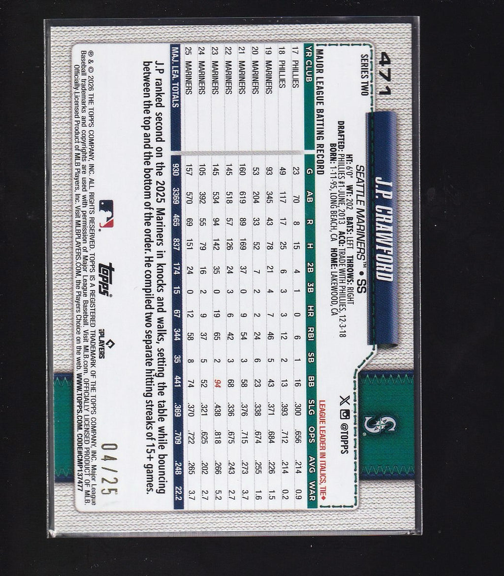 2026 Topps #471 J.P. Crawford Orange Sandglitter #/25