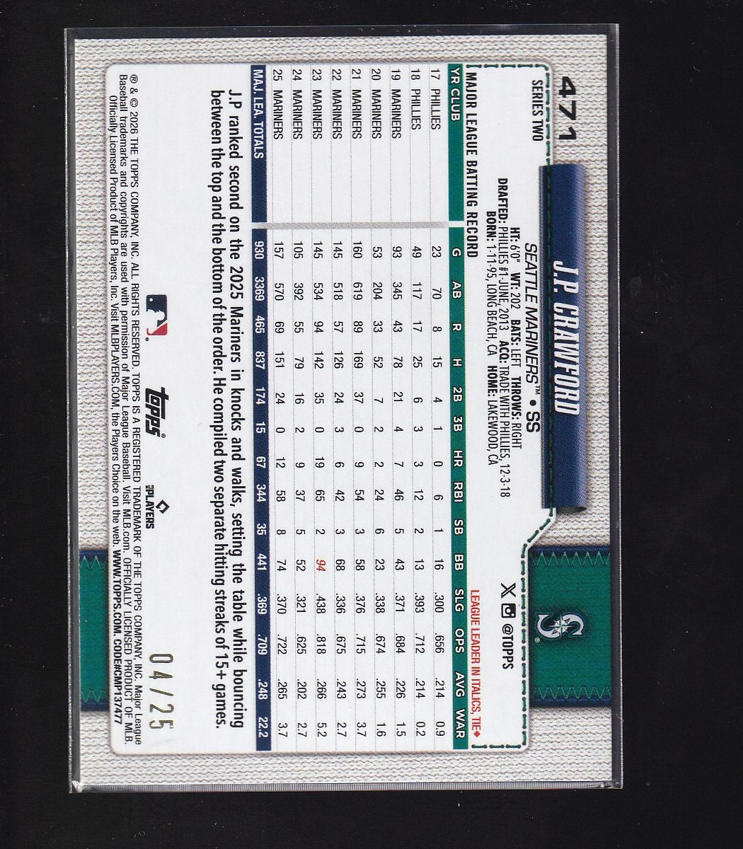 2026 Topps #471 J.P. Crawford Orange Sandglitter #/25