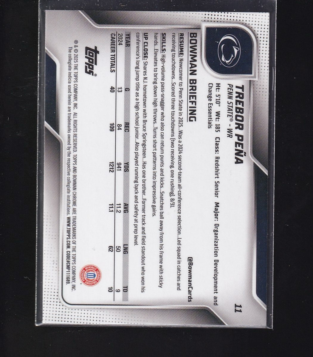 2025 Bowman University Chrome #11 Trebor Peña Blue Refractor #/150