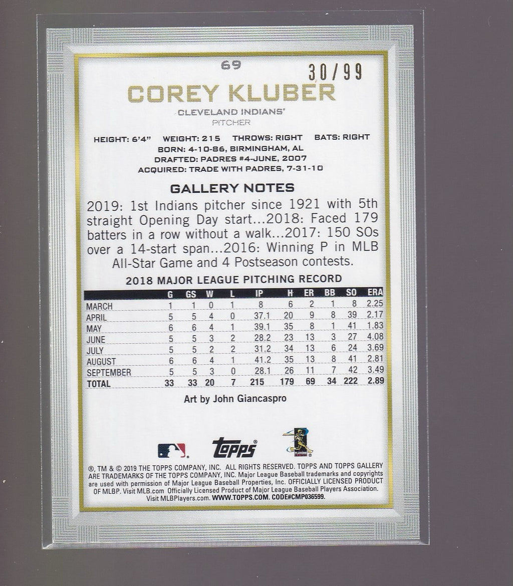 2019 Topps Gallery #69 Corey Kluber Green
