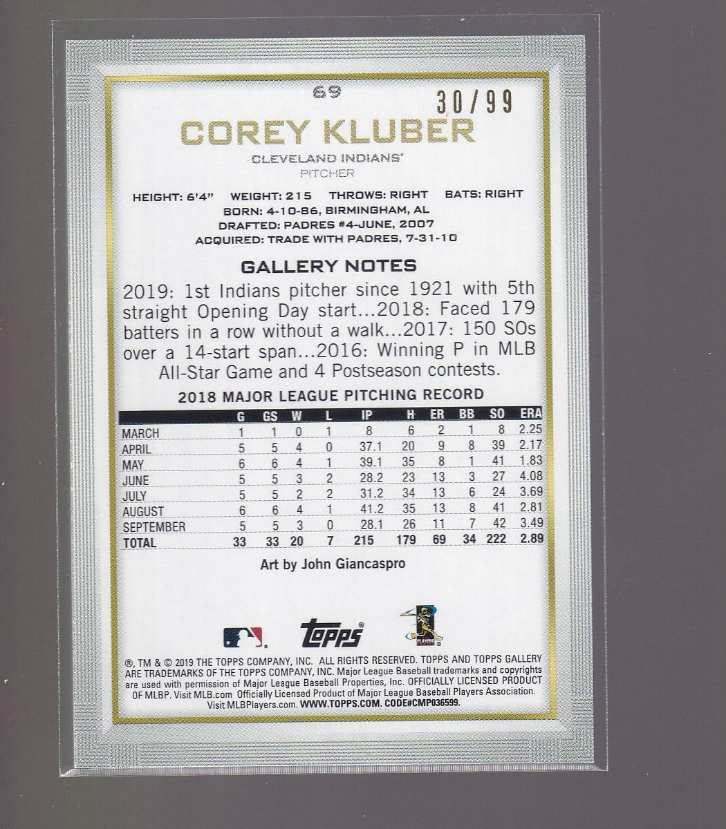 2019 Topps Gallery #69 Corey Kluber Green