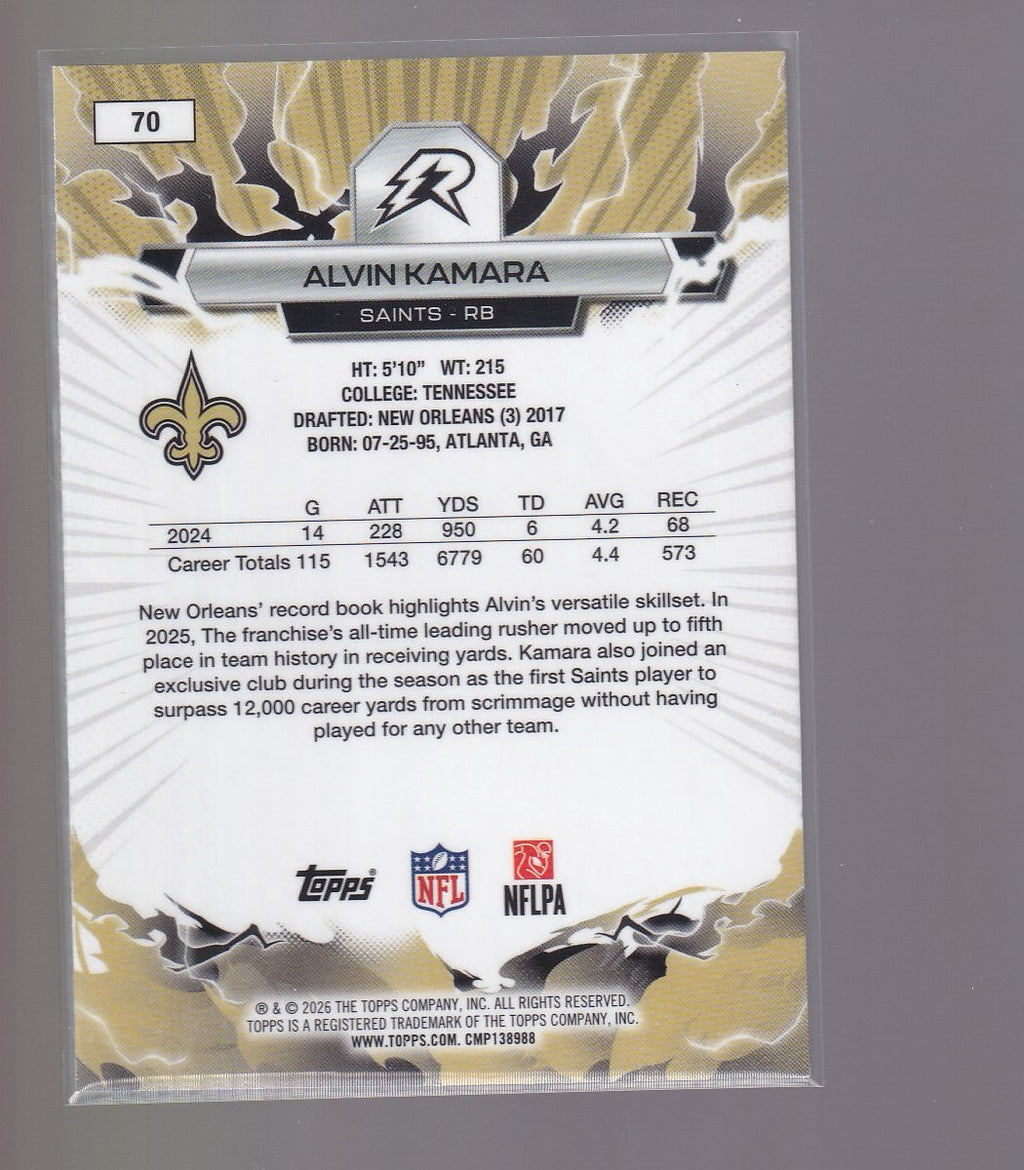 2025 Topps Resurgence #70 Alvin Kamara Sky Blue & Pink Shock Refractor
