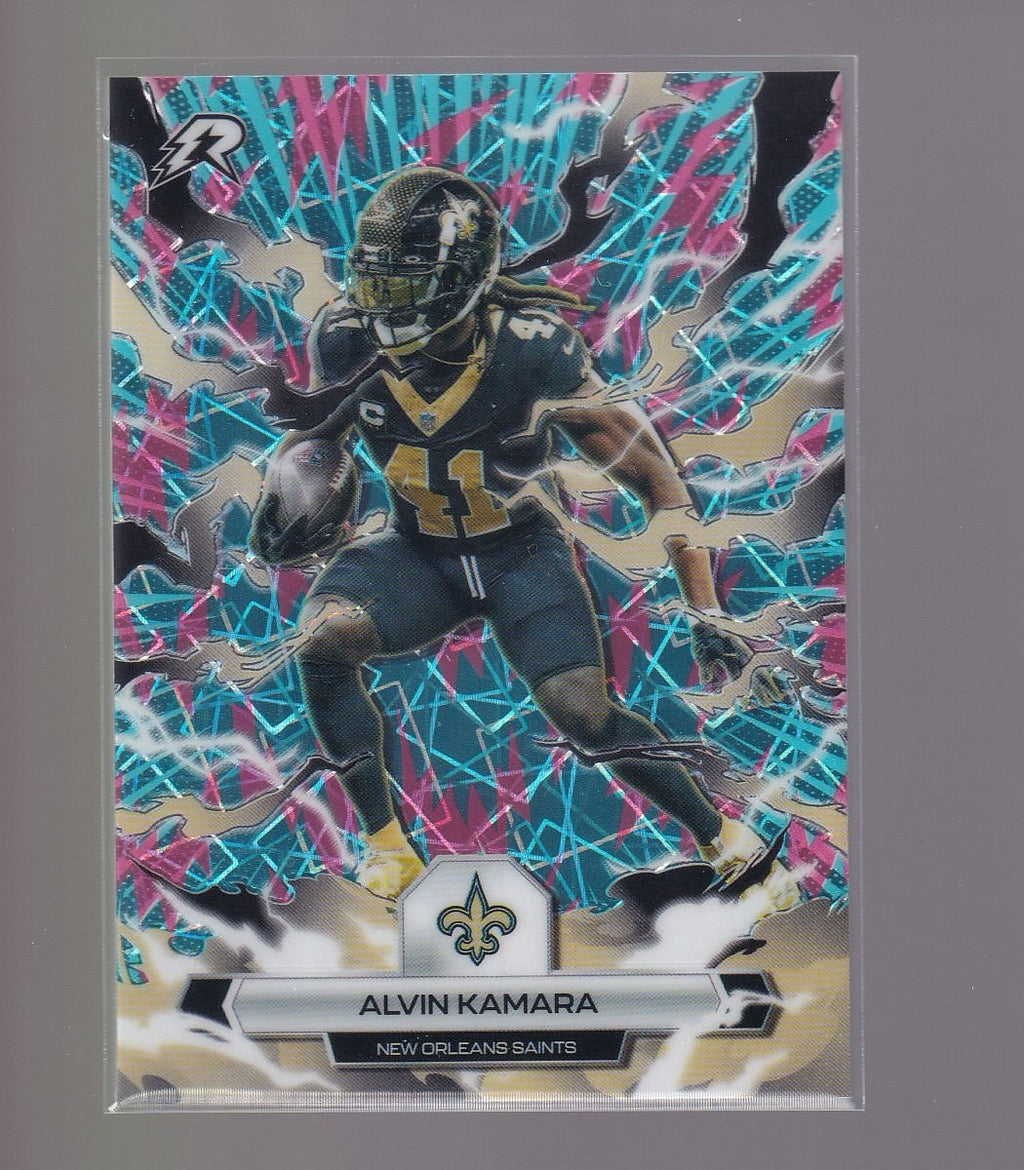 2025 Topps Resurgence #70 Alvin Kamara Sky Blue & Pink Shock Refractor