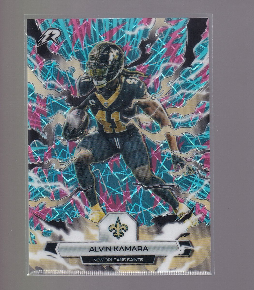 2025 Topps Resurgence #70 Alvin Kamara Sky Blue & Pink Shock Refractor
