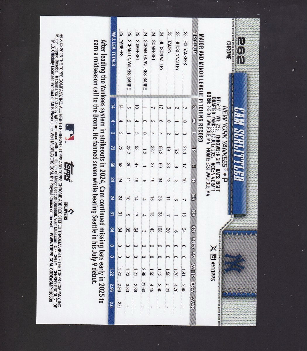 2026 Topps Chrome #262 Cam Schlittler X-Fractors