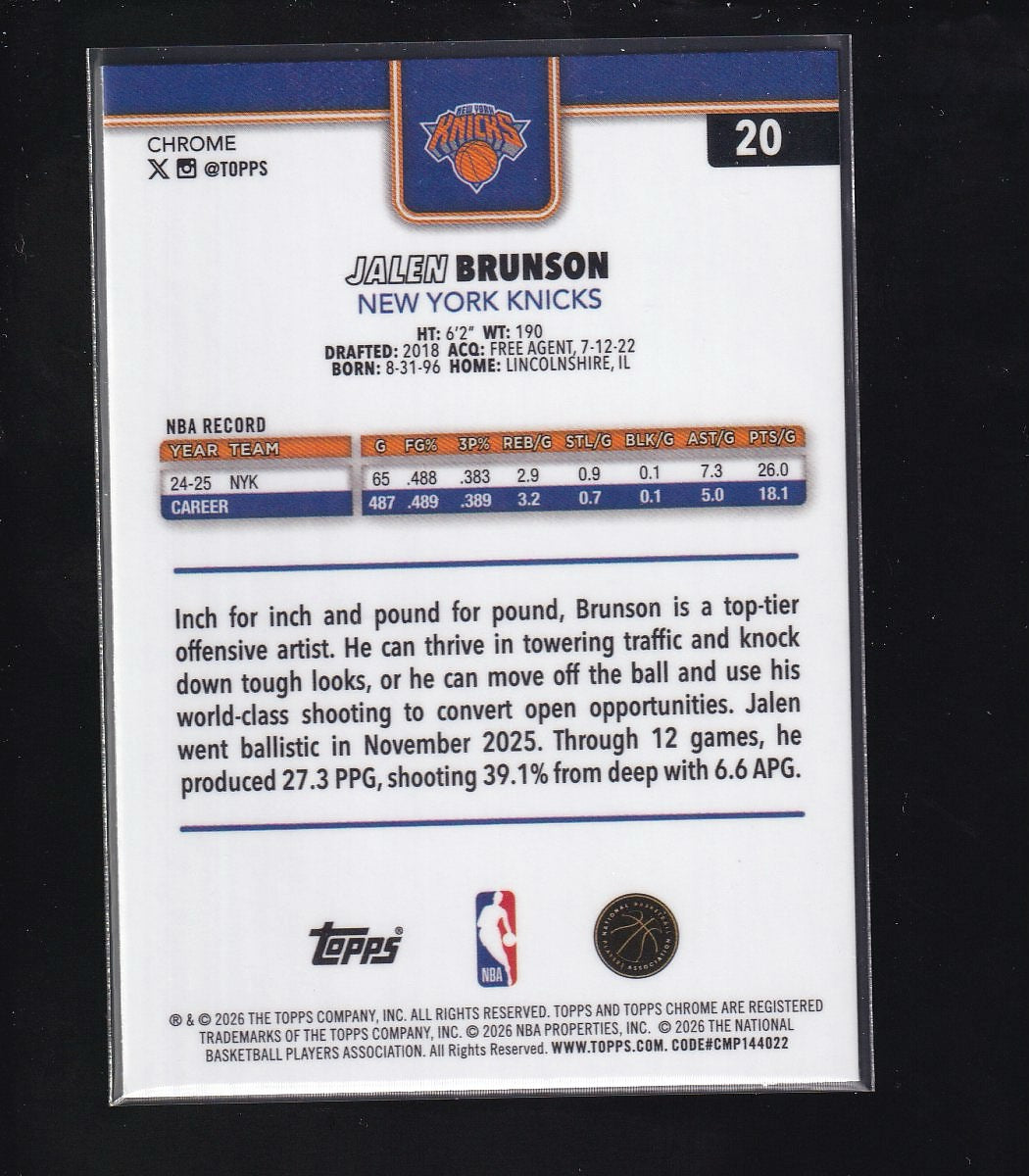 2026 Topps Chrome Update #20 Jalen Brunson RayWave Refractor