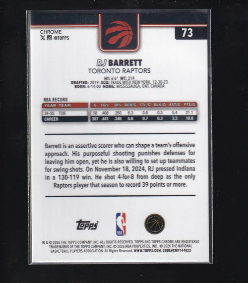 202 Topps Chrome Update #73 RJ Barrett RayWave Refractor