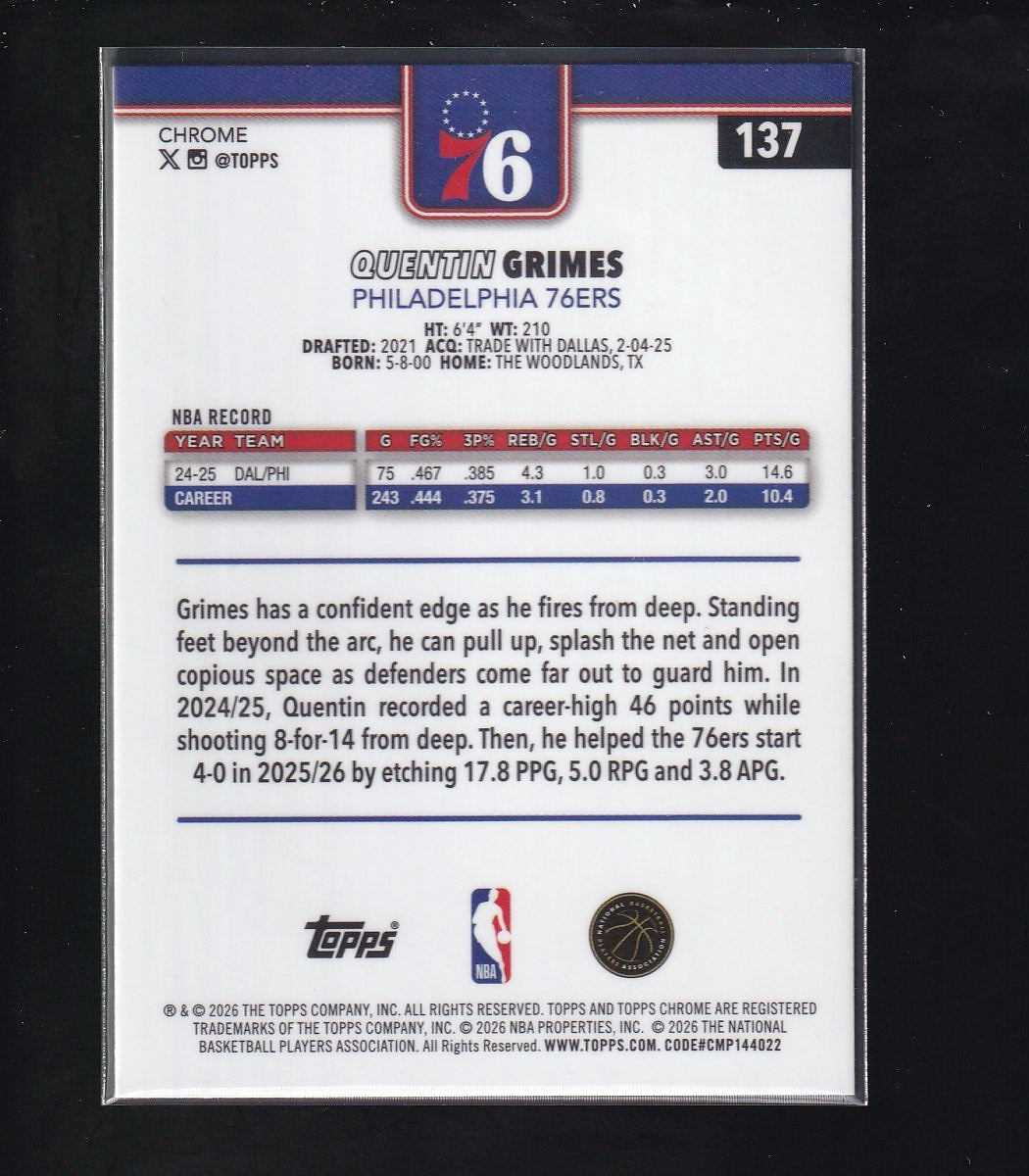 2026 Topps Chrome Update #137 Quentin Grimes X-Fractor