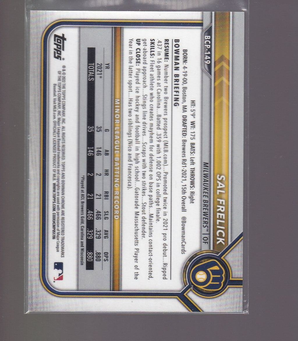 2022 Bowman #BCP-149 Sal Frelick Chrome Prospects Speckle Refractors #/299