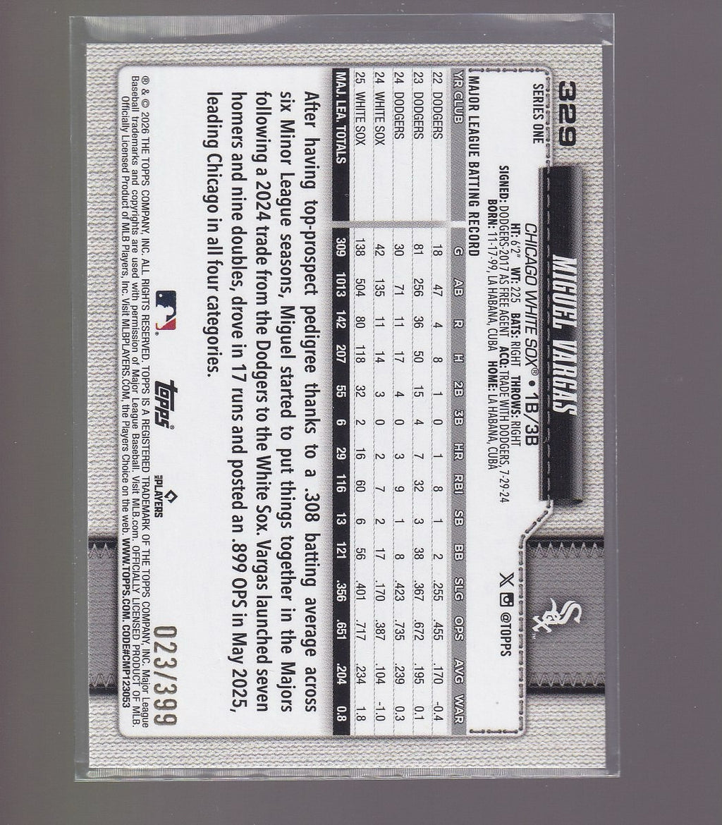 2026 Topps #329 Miguel Vargas Yellow Holo Foil