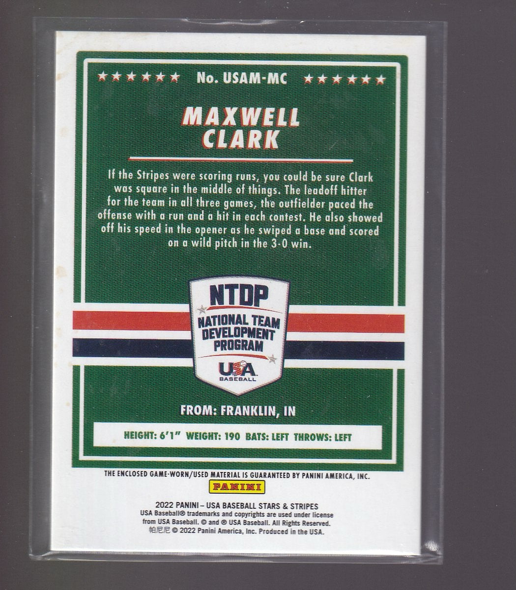 2022 Panini Stars & Stripes USA Baseball #USAM-MC Maxwell Clark USA Baseball