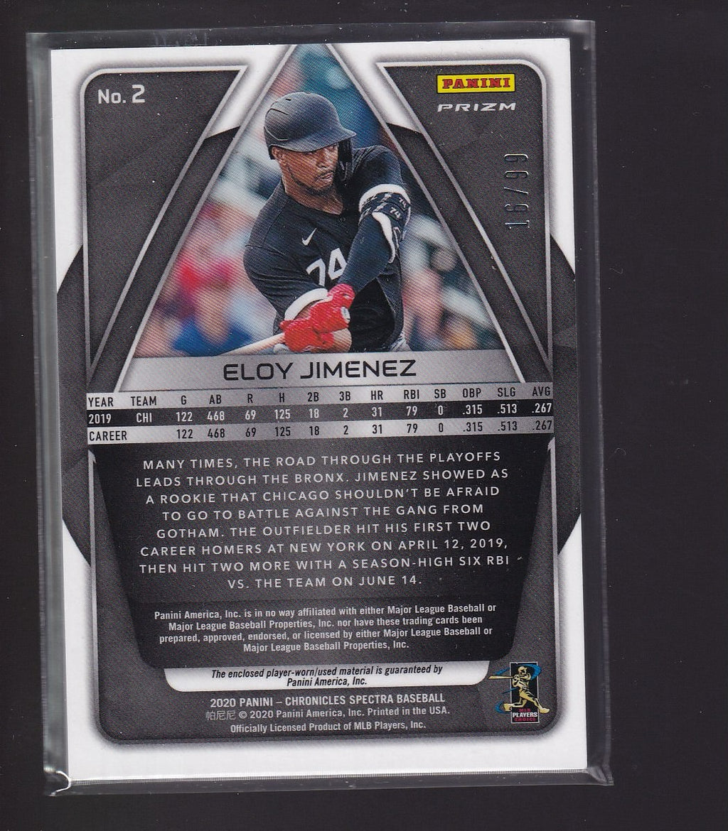2020 Panini Chronicles #2 Eloy Jimenez Spectra Swatches Neon Blue #/99