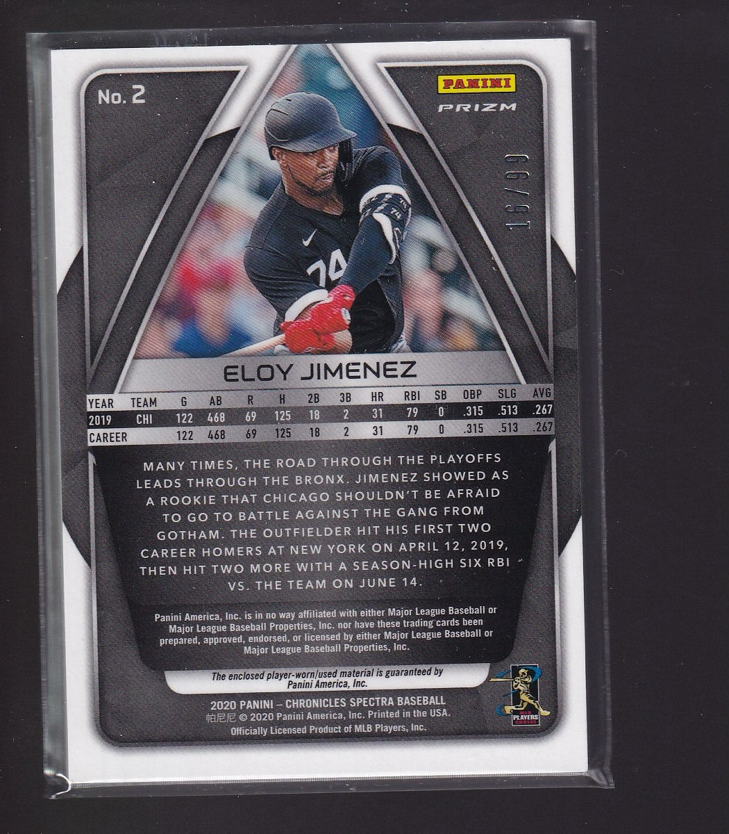2020 Panini Chronicles #2 Eloy Jimenez Spectra Swatches Neon Blue #/99