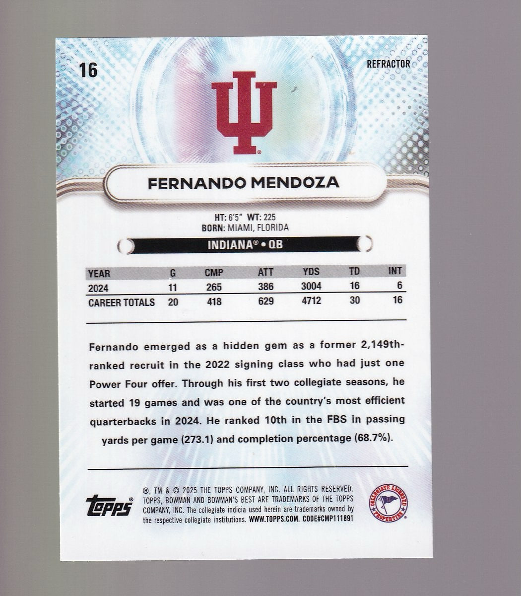 2025 Bowman University Best #16 Fernando Mendoza Refractor