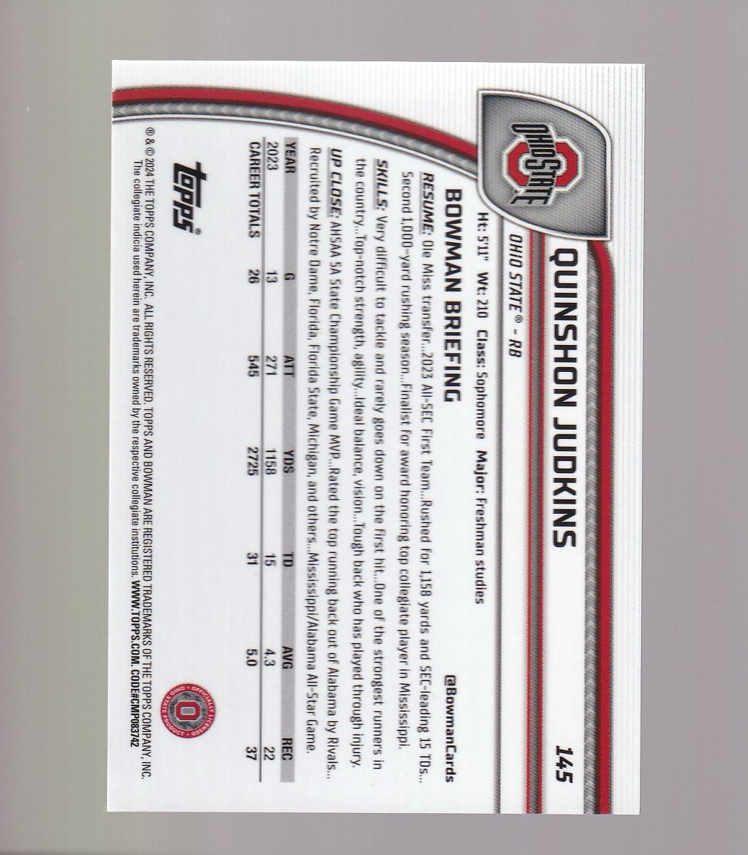 2024 Bowman U Chrome #145 Quinshon Judkins Black and Gold Stealth Refractor #/24
