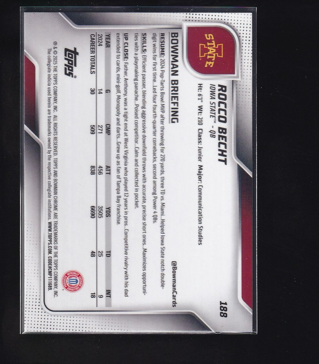 2025 Bowman U Chrome #188 Rocco Becht Yellow Mini-Diamond Refractor #/350