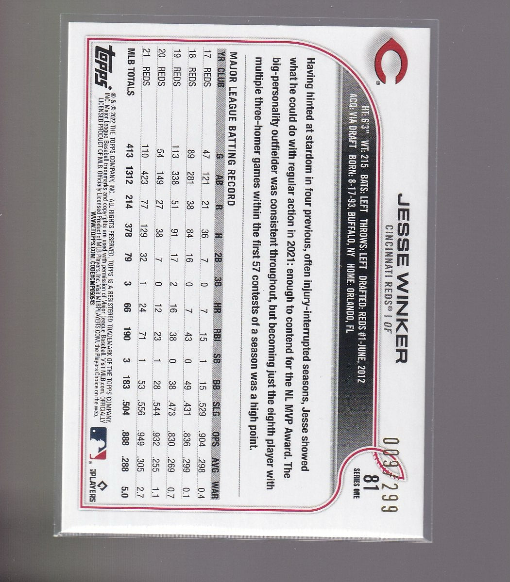 2022 Topps #81 Jesse Winker Orange Foilboard #/299
