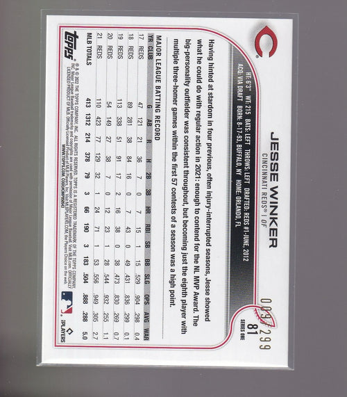 2022 Topps #81 Jesse Winker Orange Foilboard #/299