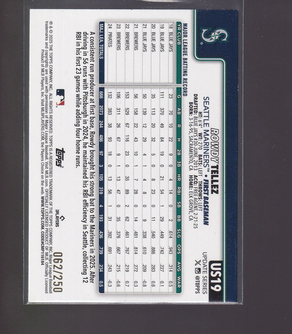 2025 Topps Update #US19 Rowdy Tellez Purple Holo Foil #/250