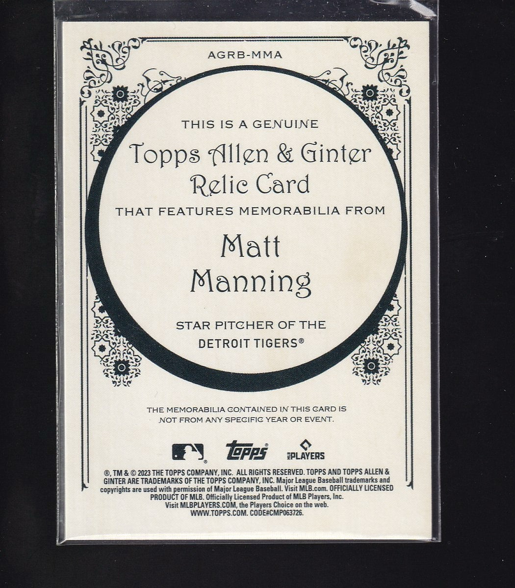 2023 Topps Allen & Ginter #AGRB-MMA Matt Manning Allen & Ginter Relics Series B