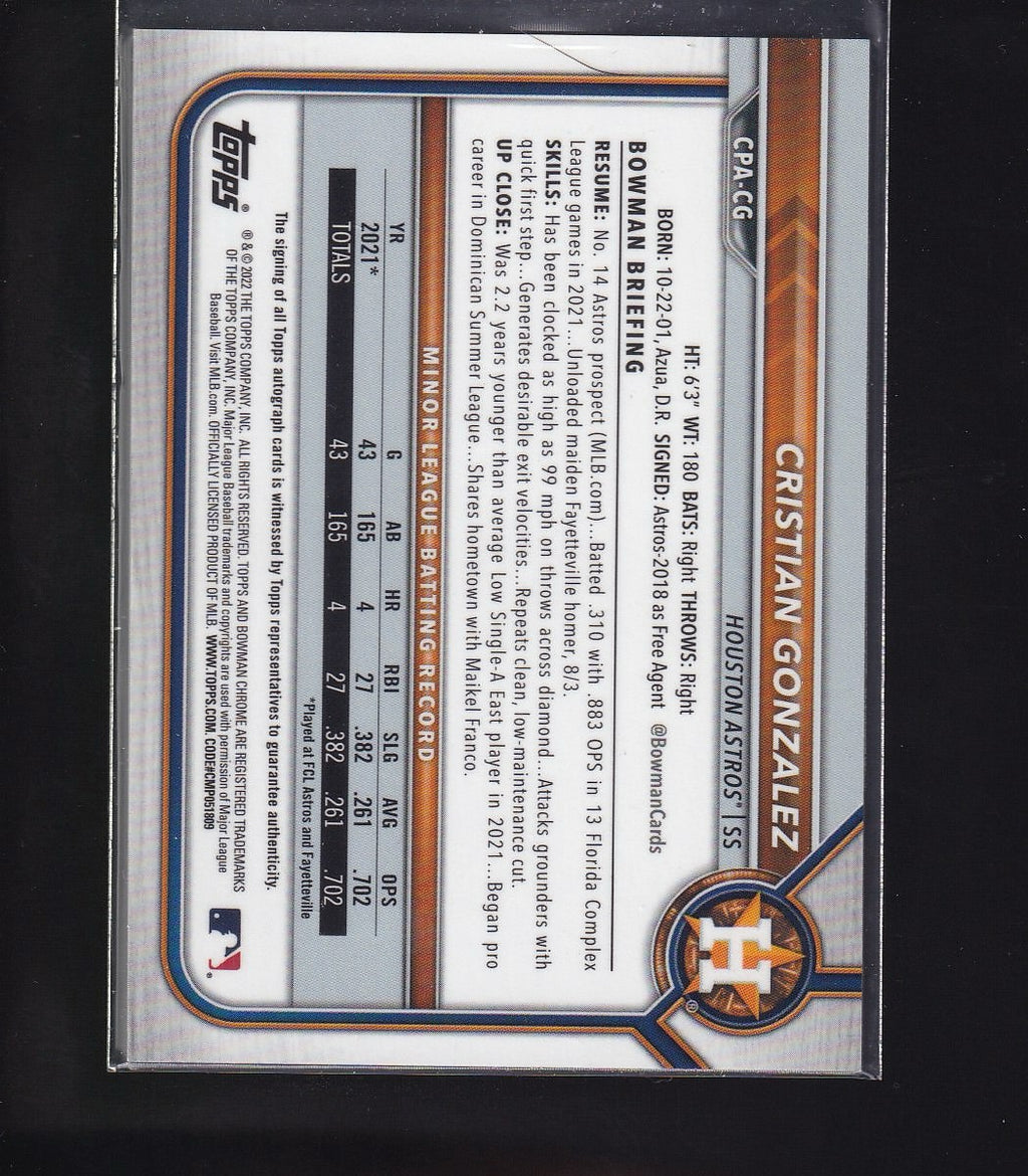 2022 Bowman #CPA-CG Cristian Gonzalez Chrome Prospects Autographs