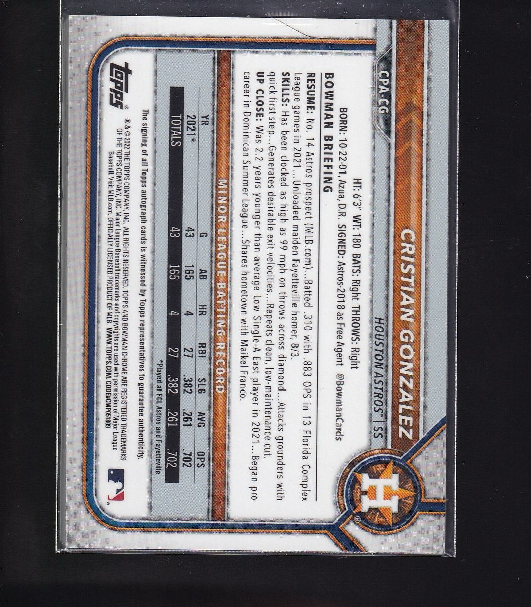 2022 Bowman #CPA-CG Cristian Gonzalez Chrome Prospects Autographs