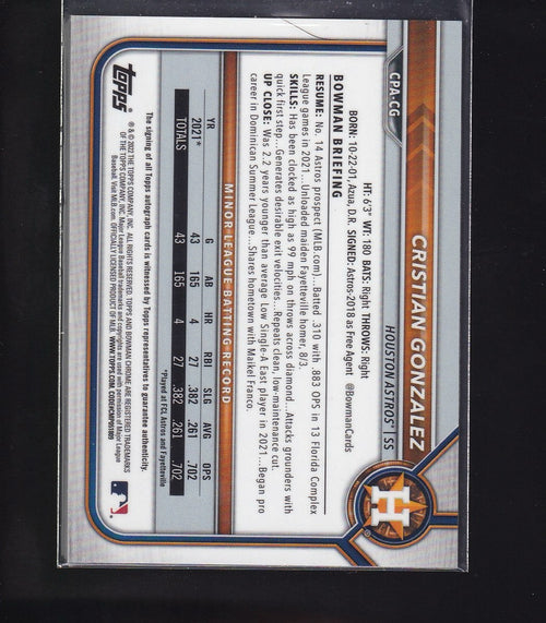 2022 Bowman #CPA-CG Cristian Gonzalez Chrome Prospects Autographs