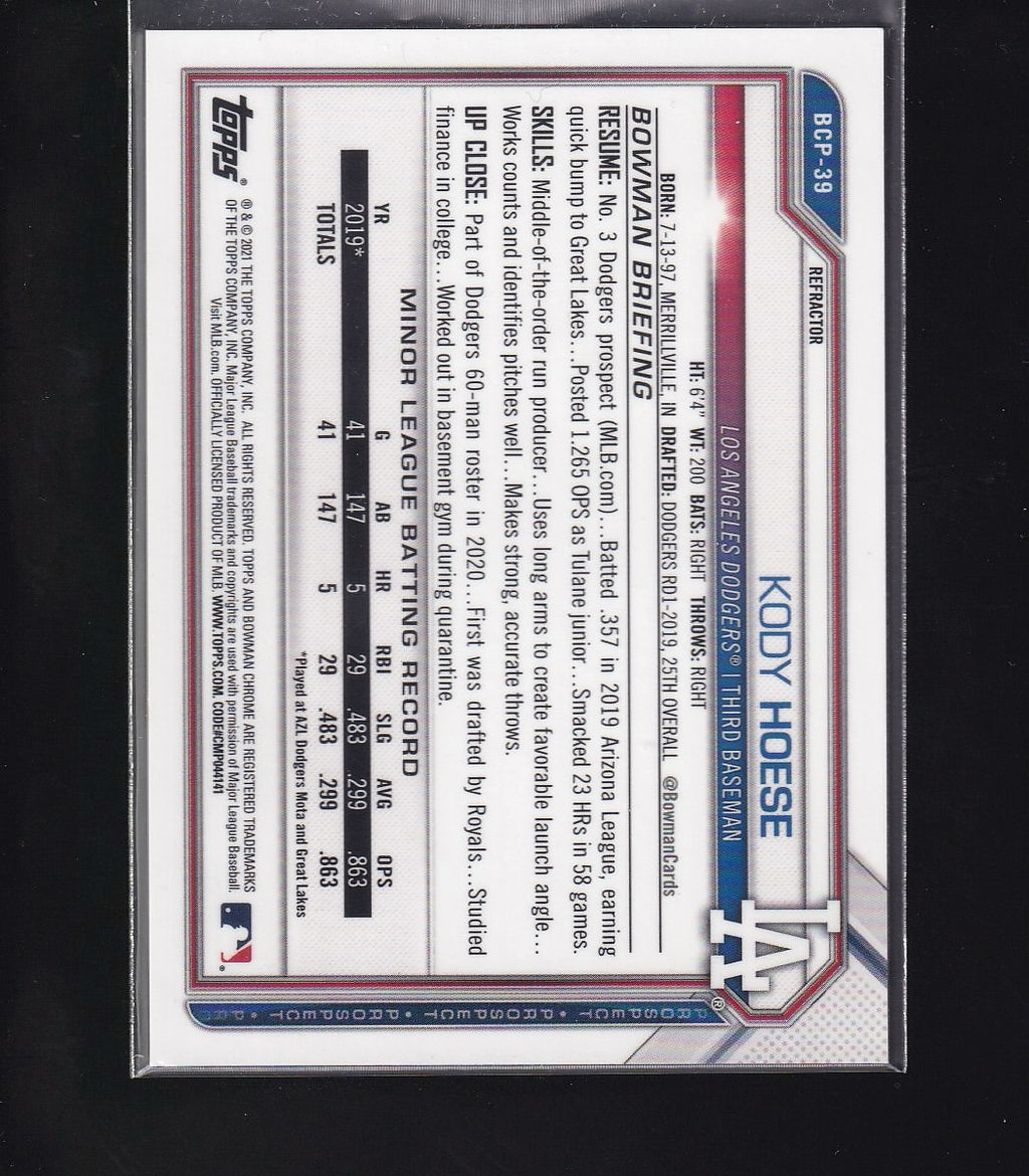 2021 Bowman #BCP-39 Kody Hoese Chrome Prospects Refractor #/499