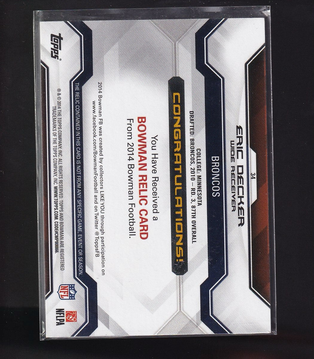 2014 Bowman #34 Eric Decker Relics