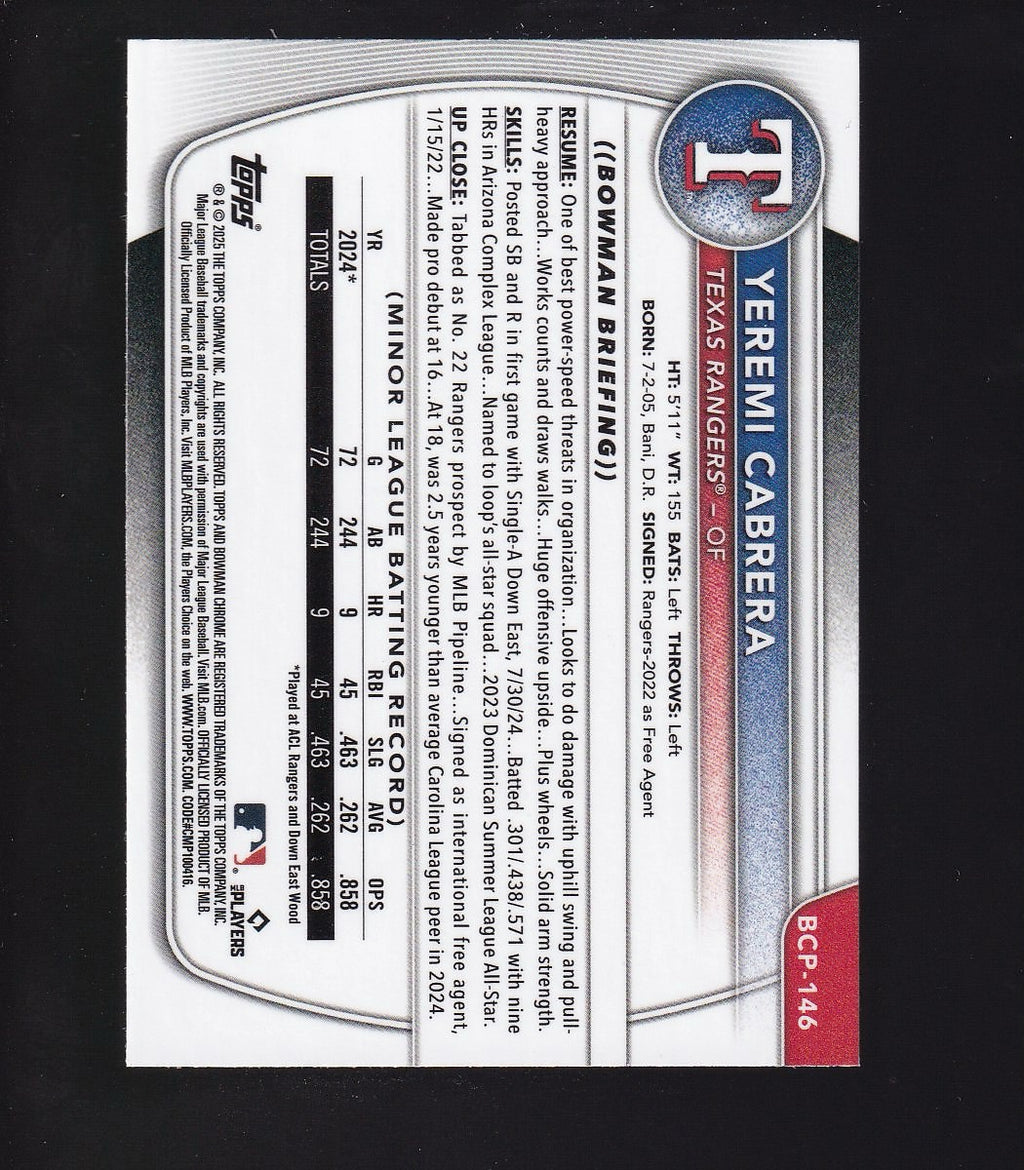 2025 Bowman #BCP-146 Yeremi Cabrera Chrome Prospects Speckle Refractor #/299