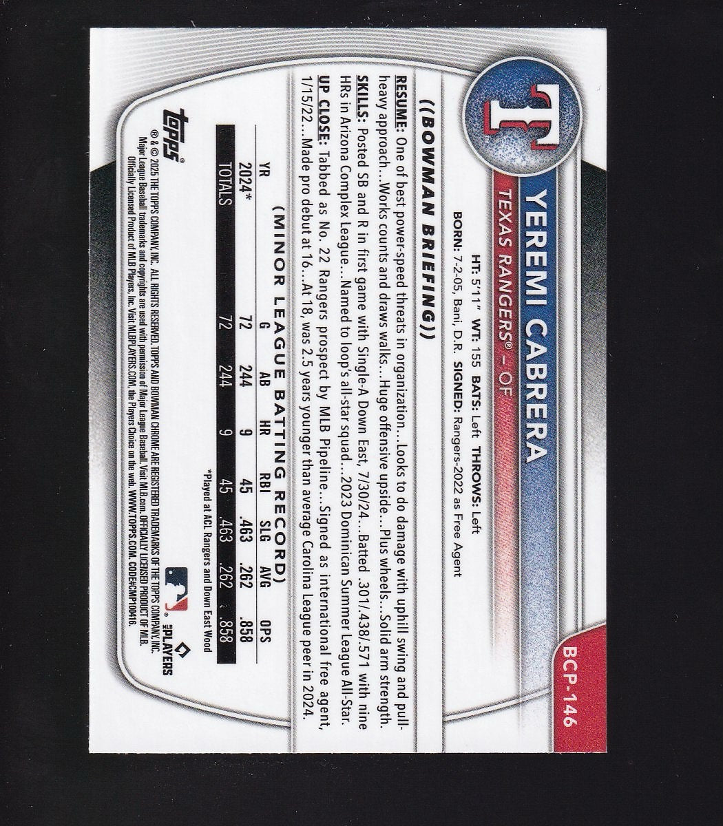 2025 Bowman #BCP-146 Yeremi Cabrera Chrome Prospects Speckle Refractor #/299