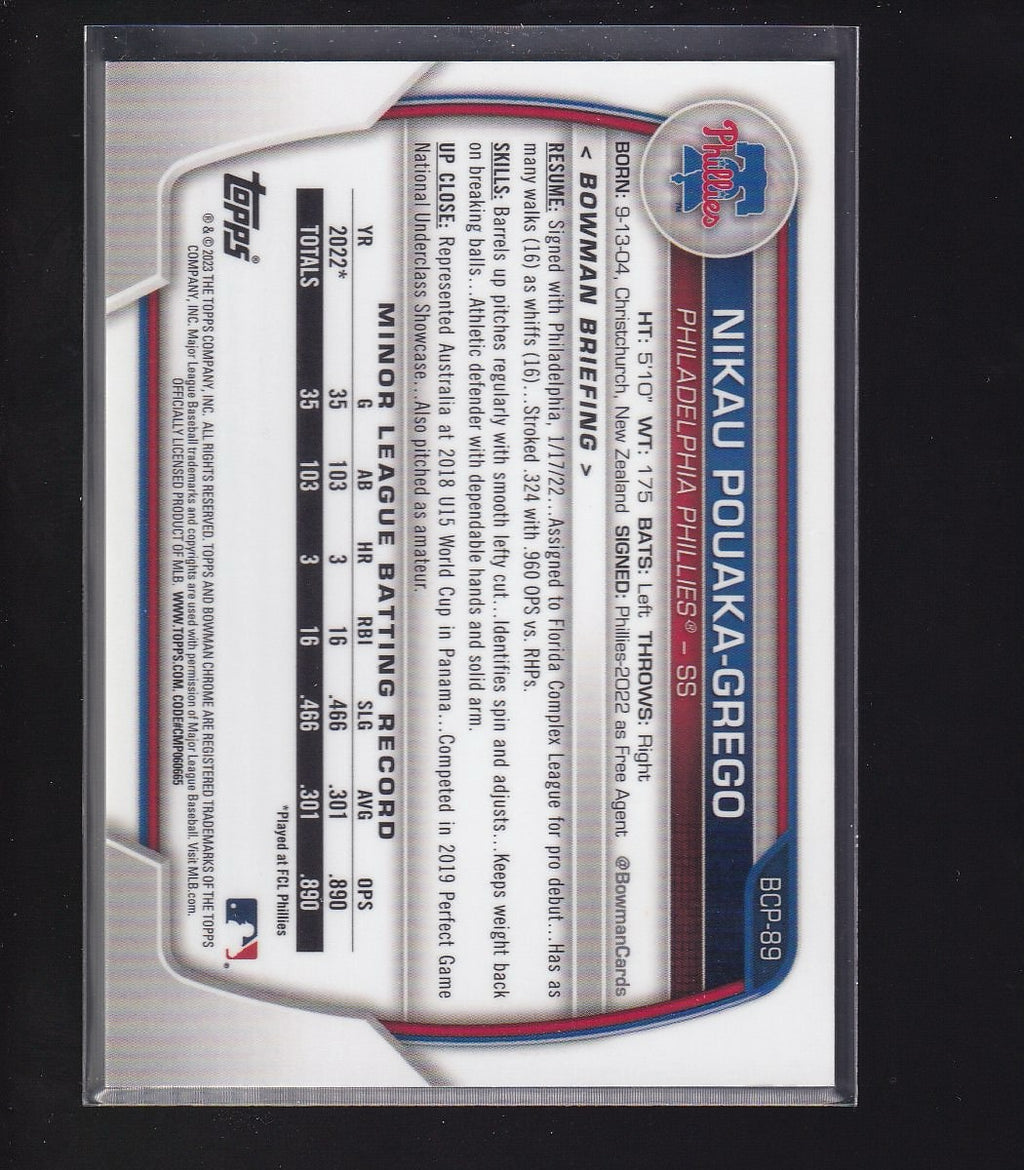 2023 Bowman #BCP-89 Nikau Pouaka-Grego Chrome Prospects Fuchsia Refractor #/199