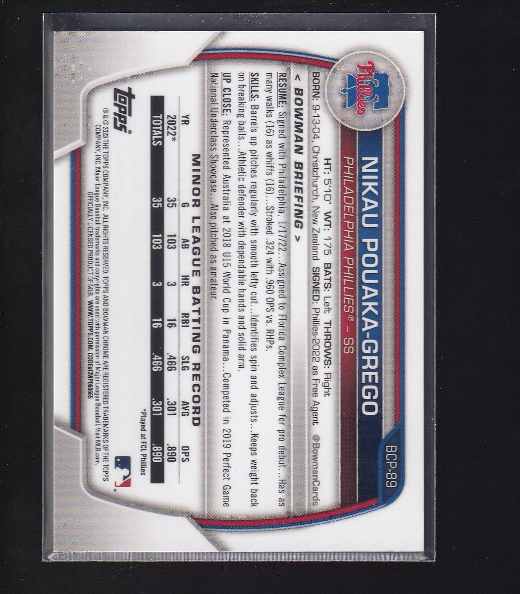 2023 Bowman #BCP-89 Nikau Pouaka-Grego Chrome Prospects Fuchsia Refractor #/199