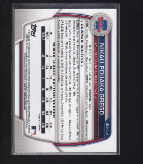 2023 Bowman #BCP-89 Nikau Pouaka-Grego Chrome Prospects Fuchsia Refractor #/199