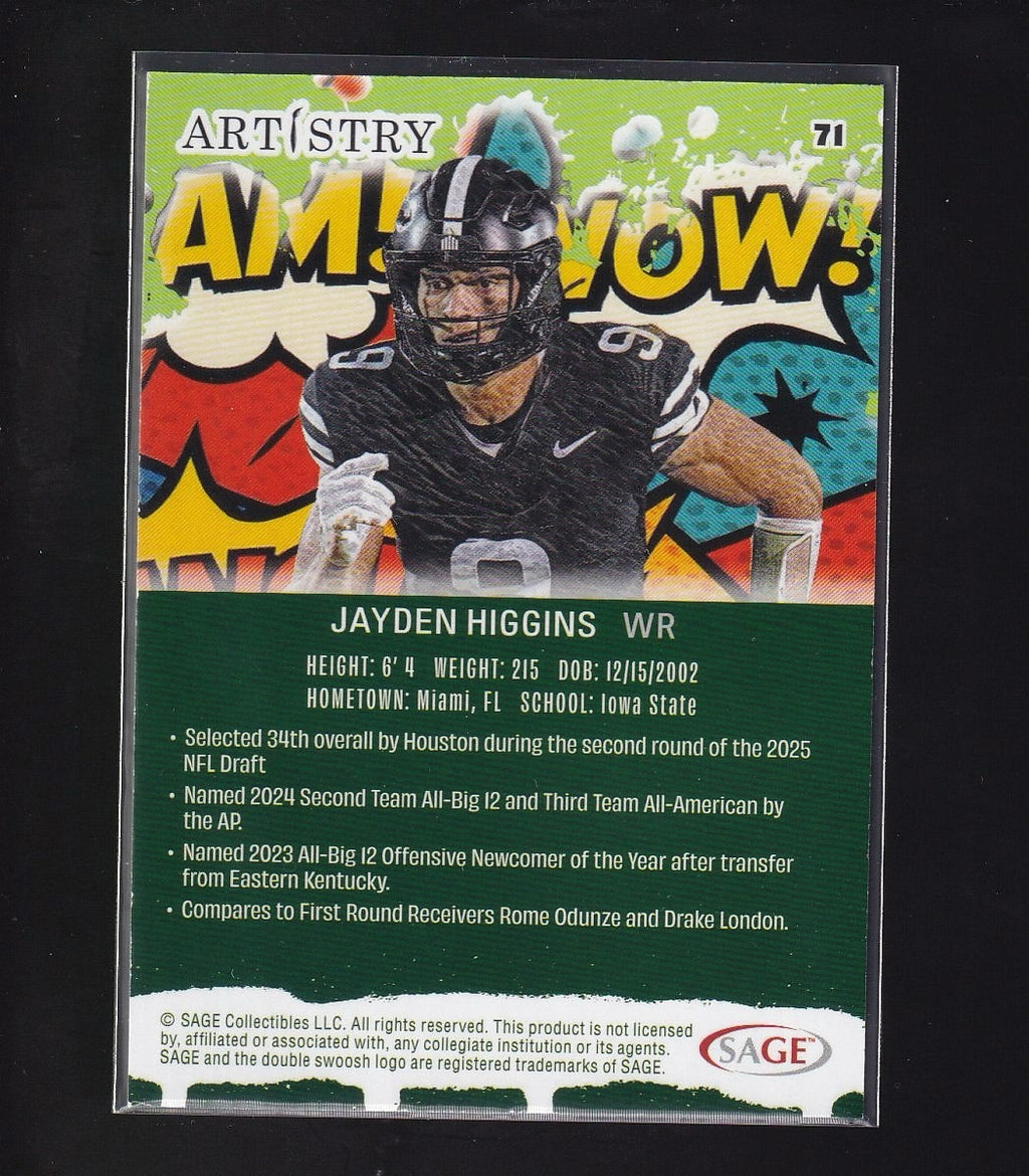 2025 SAGE Artistry #71 Jayden Higgins Red